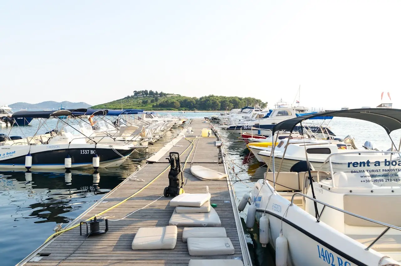 The yacht is docked at the marina