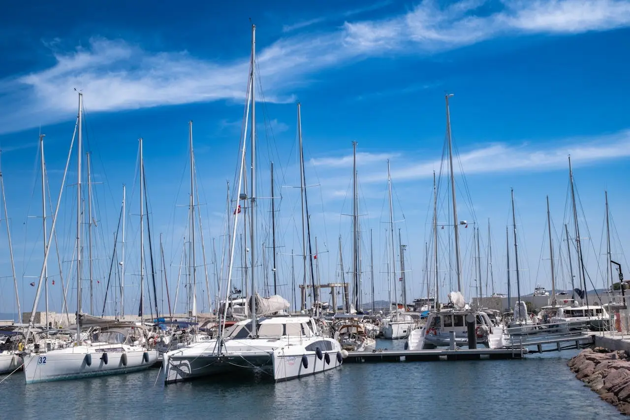 The yacht is docked at the marina
