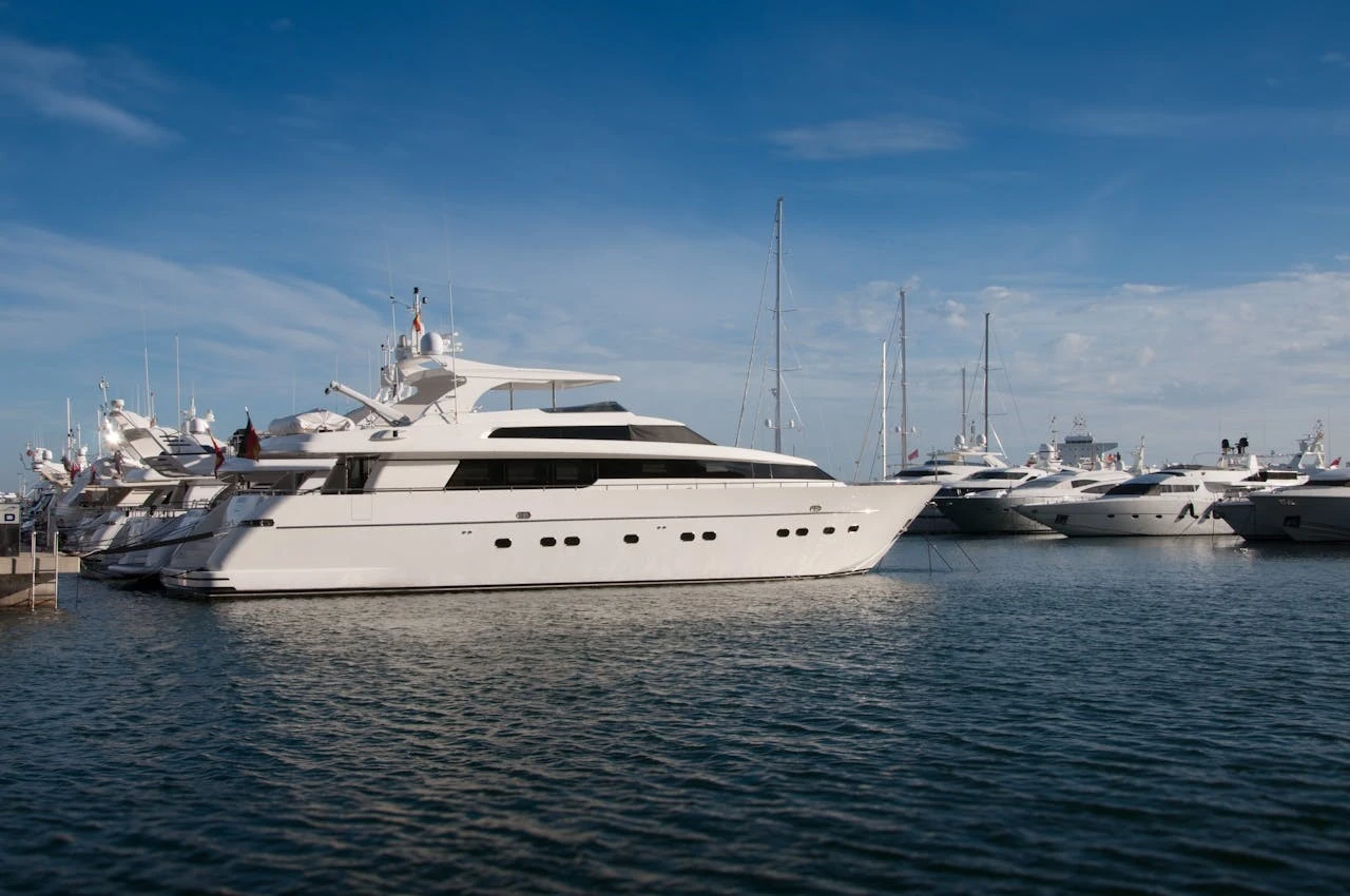 The yacht is docked at the marina