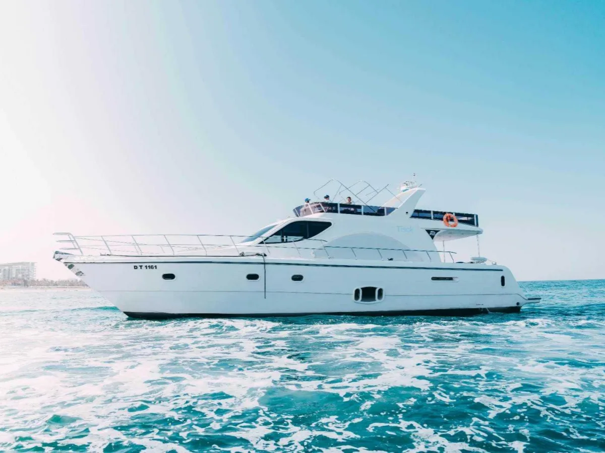 A flybridge yacht navigating the seas